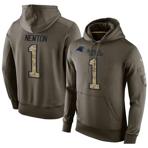NFL Men's Nike Carolina Panthers #1 Cam Newton Stitched Green Olive Salute To Service KO Performance Hoodie - Click Image to Close